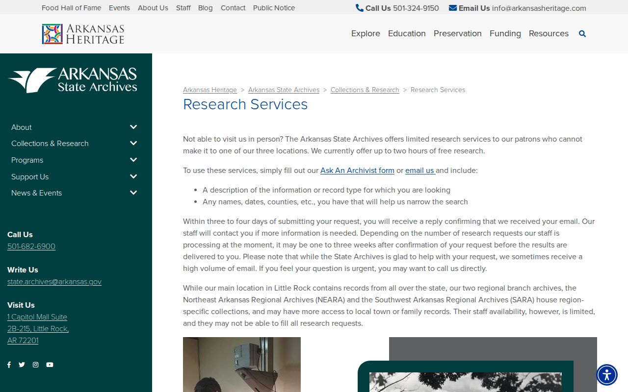 Arkansas State Archives collections and research services page