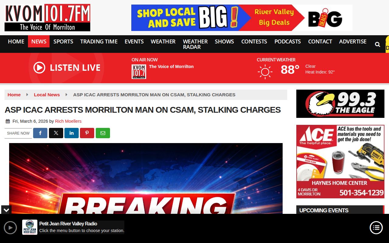 Captured KVOM report about an Arkansas State Police and ICAC arrest in Morrilton